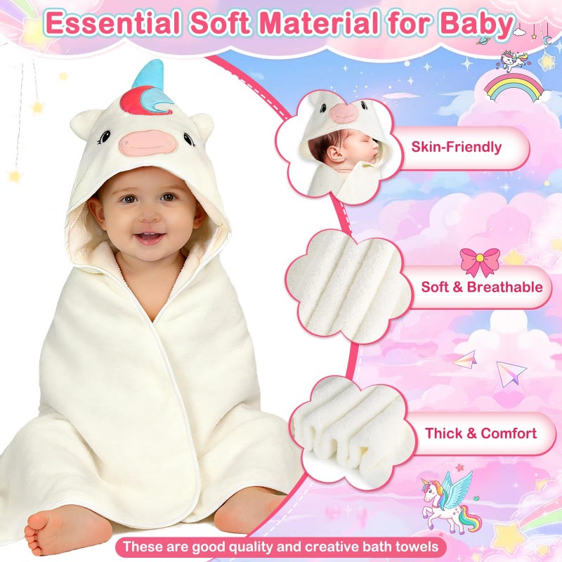 Flasoo 4 PCS Baby Towels Set, Soft Absorbent Baby Hooded Bath Towel, 1 Baby Towel and 3 Baby Washcloths for Newborns, Toddlers, and Kids, 32x32 inch Baby Towel for Boy and Girl (White Unicorn) - Image 4