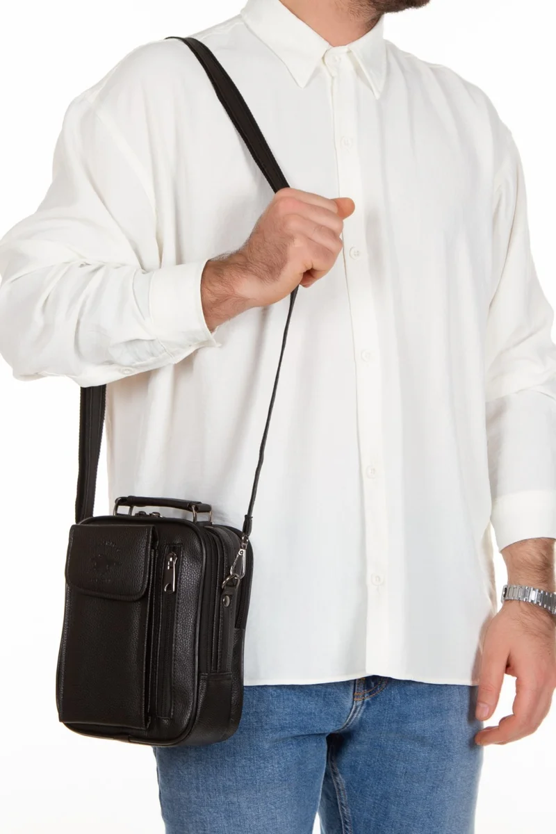 Newish Polo Adelina Men's Black Leather Steel Case Hand and Shoulder Bag with Phone Compartment