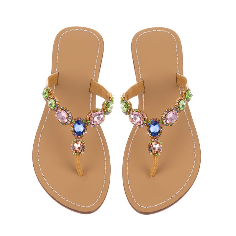 UTIKLIOU Womens Rhinestone Flat Sandals TStrap Thong Sandals Summer Flat Sandals Flip Flop Sandals Beach Dress Wedding Shoes Multicolor 115