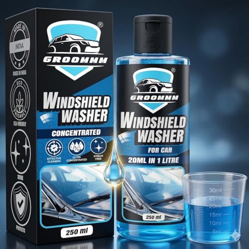 Groommm Windshield Washer Fluid For Car 250ML- (20ML in 1L Water) | Highly Concentrated Car Glass Cleaner Liquid For Streak & Stain-Free Windshield | Car Wiper Liquid For Crystal Clear Windshield - Image 1