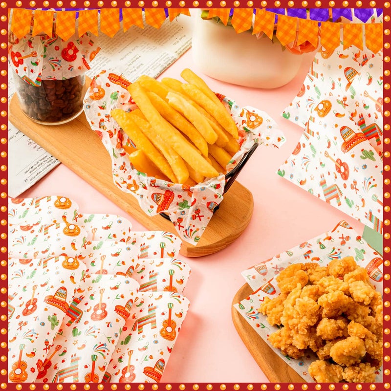 KVCSYAW 100 Pcs Fiesta Wax Paper for Food, Cinco De Mayo Wax Paper Sheets Deli Paper Sandwich Wrap Candy Wraps, Waterproof Oil-proof Picnic Basket Liners with Guitar Pattern for Kitchen Handmade Food(White) - Image 4