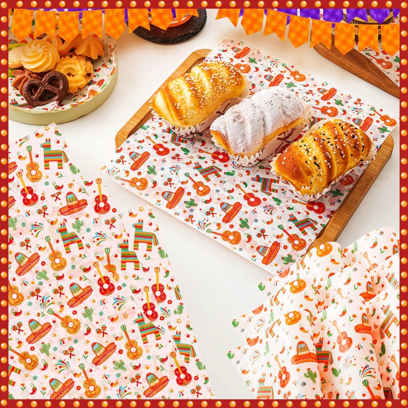KVCSYAW 100 Pcs Fiesta Wax Paper for Food, Cinco De Mayo Wax Paper Sheets Deli Paper Sandwich Wrap Candy Wraps, Waterproof Oil-proof Picnic Basket Liners with Guitar Pattern for Kitchen Handmade Food(White) - Image 5