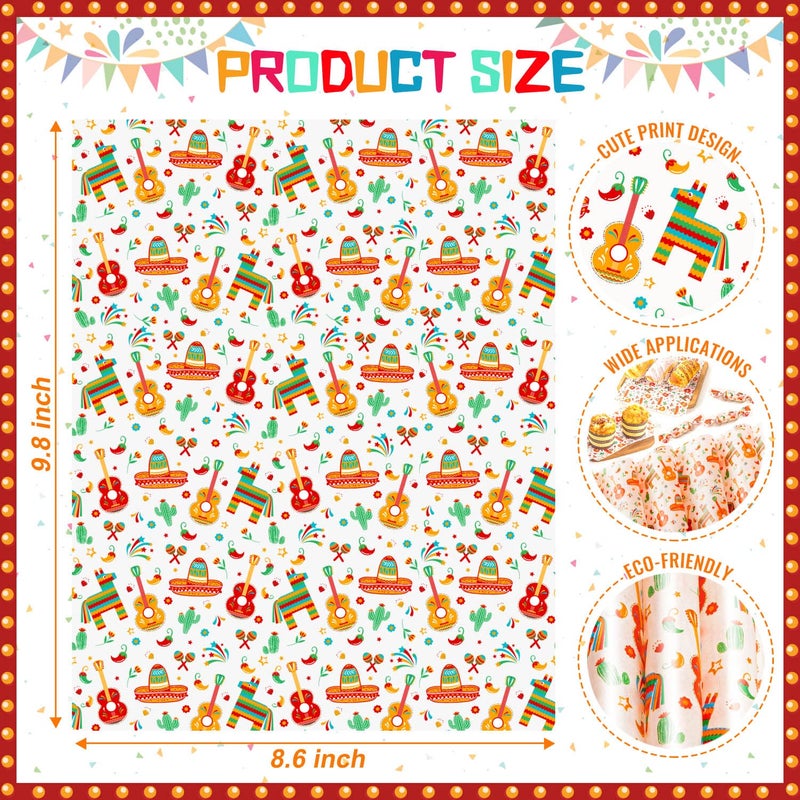 KVCSYAW 100 Pcs Fiesta Wax Paper for Food, Cinco De Mayo Wax Paper Sheets Deli Paper Sandwich Wrap Candy Wraps, Waterproof Oil-proof Picnic Basket Liners with Guitar Pattern for Kitchen Handmade Food(White) - Image 2
