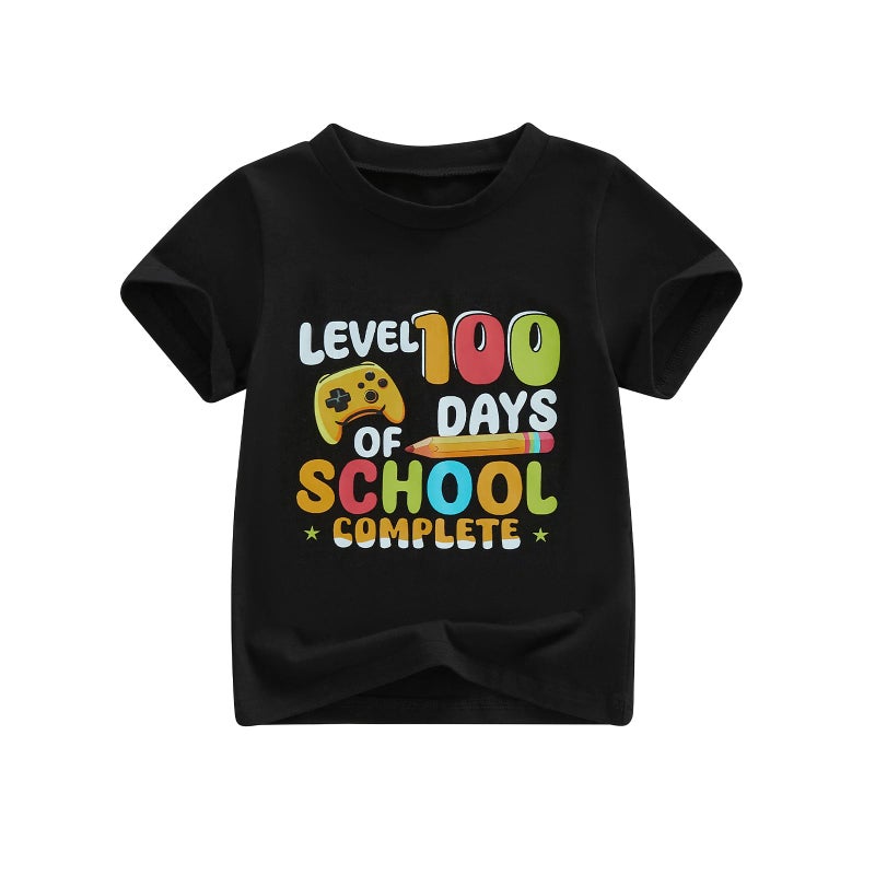 Douhoow Boys 100 Days of School Shirt Letter Print Short Sleeve Toddler Boy Tshirts 100th Day of School Shirt for Kids (Black B, 5-6 Years) - Image 1