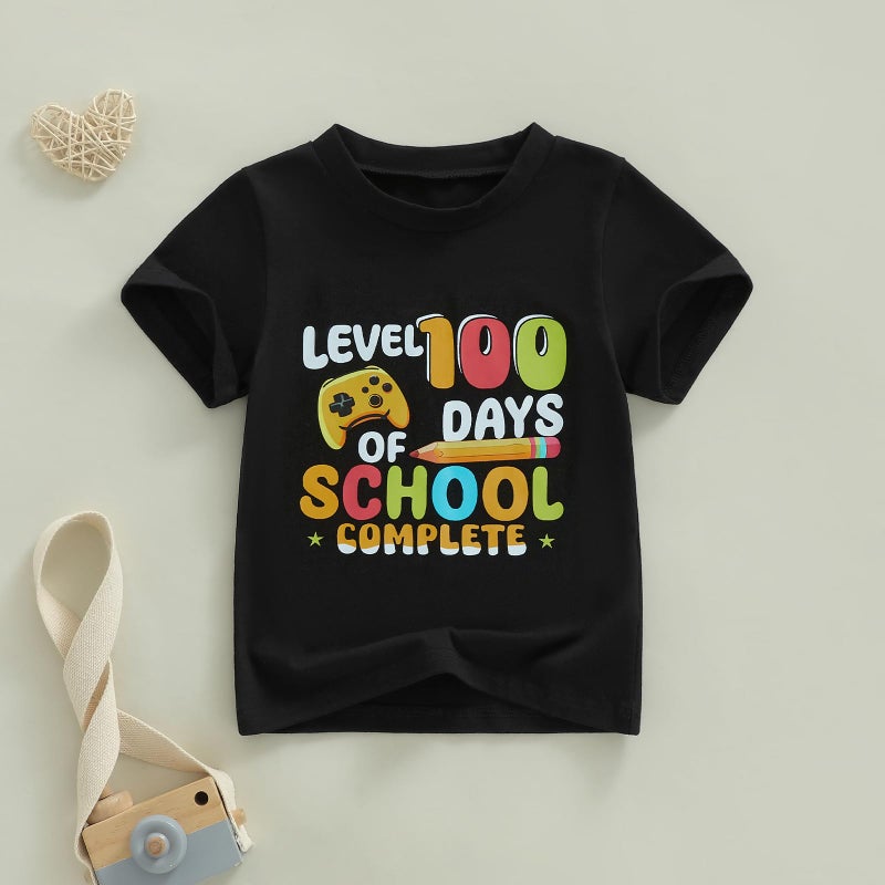 Douhoow Boys 100 Days of School Shirt Letter Print Short Sleeve Toddler Boy Tshirts 100th Day of School Shirt for Kids (Black B, 5-6 Years) - Image 3