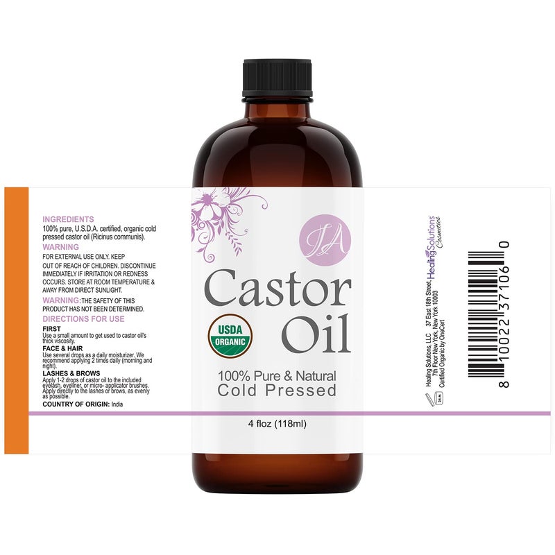 Healing Solutions زيوت حلول الشفاء - 4 أونصة زيت الخروع العضوي النقي الطبيعي، مضغوط على البارد، خالي من الهكسان والمواد الكيميائية، حل طبيعي، سيروم للرموش، يحفز النمو للشعر، الرموش، الحواجب، فروة الرأس واللحية - 118 مل - Image 2