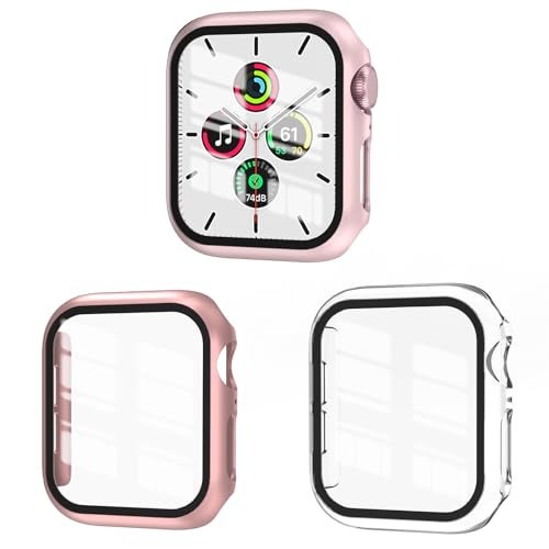 EWUONU 3 Pack Case Compatible with Apple Watch SE 3 Series 6/5/4 44mm with Tempered Glass Screen Protector, Hard PC Full Coverage Ultra-Thin HD Bumper Cover for iWatch 44mm, Rose Gold/Pink/Clear - Image 1