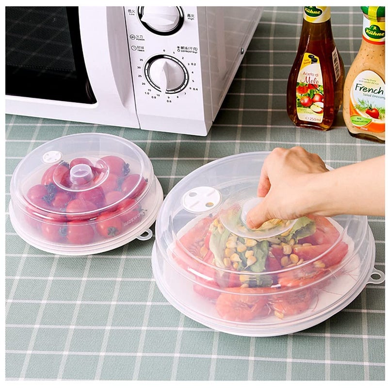 AMOMKET Microwave Splatter Cover for Food, BPA-Free Steam Vents Microwave Plate Cover with Easy-Grip Handle, Fruit Drainer Basket, For Dishwasher Safe & Refrigerator - 2Pcs (Diameter 9 inch + 6.7 inch) - Image 1
