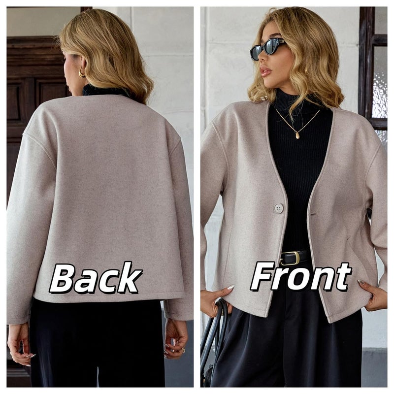 HOTIAN Women Cropped Wool Blend Coats Long Sleeve Coat Jacket Peacoat Fall Winter Outwear Overcoat(Beige,S) - Image 2