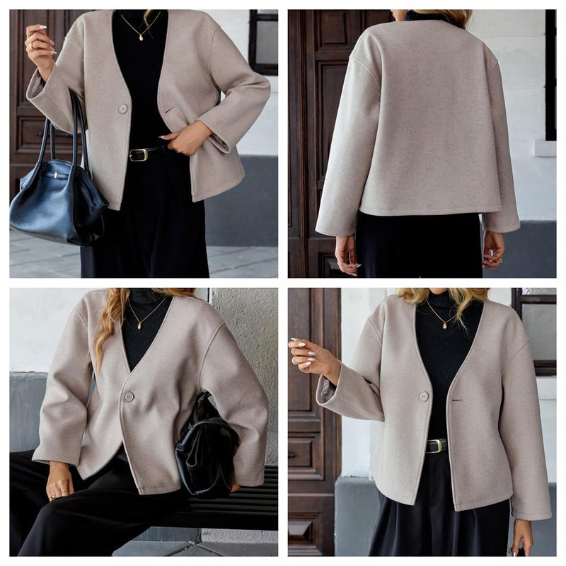 HOTIAN Women Cropped Wool Blend Coats Long Sleeve Coat Jacket Peacoat Fall Winter Outwear Overcoat(Beige,S) - Image 4