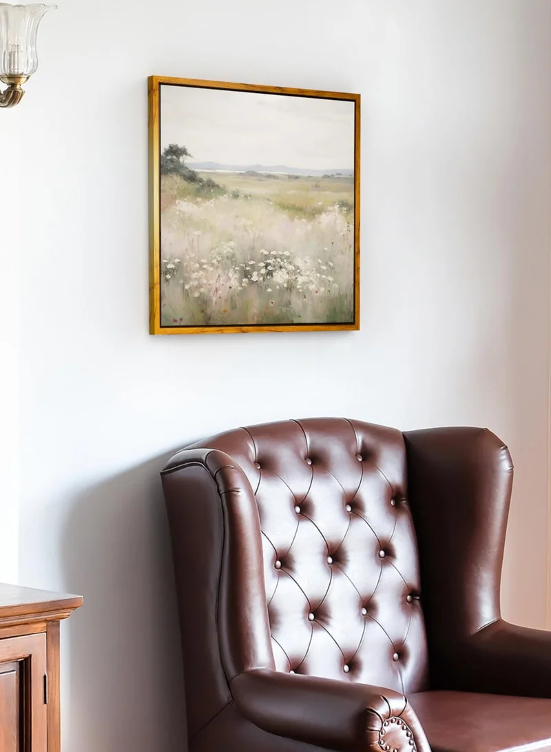 LOWHA Canvas Wall Art Stretched Over Wooden Frame with Wooden Color Floating Frame and Vintage Style Scene of Flowers and Trees Painting