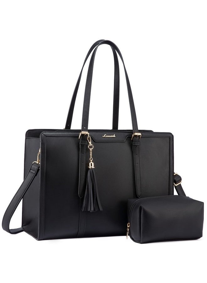 Lovevook LOVEVOOK Laptop Bag for Women 15.6 inch Lightweight PU Laptop Tote Bag, Large Capacity Computer bag with Clutch Purse for Business, Work, Office, Travel, School,Casual(Black & Leather)  - Image 1