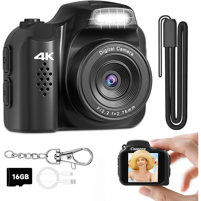 Maenlans 4K Keychain Camera, 64MP Vintage Pocket Retro Digital Camera | LED Light, Retro Mini Sized Camera for Kids, Teens, Adults, and Photography Beginners with 16 GB SD Card, Black - Image 1