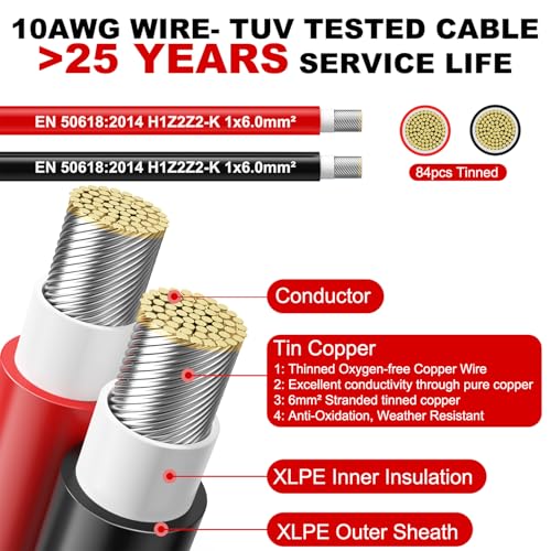 Oududianzi 2x200 Feet Solar Panel Wire, 10AWG Solar Wire Tinned Copper 10 Gauge Solar Cable PV Wire, for Outdoor Automotive RV Solar Panels Boat Marine (200FT Red + 200FT Black) - Image 2
