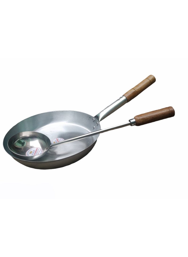 AS A S Shiny Coated Pure Iron Fry PanTapper PanFlat tai with Wooden Handle Free Big Size ladle 10 no 1 Liter Fry pan  - Image 1