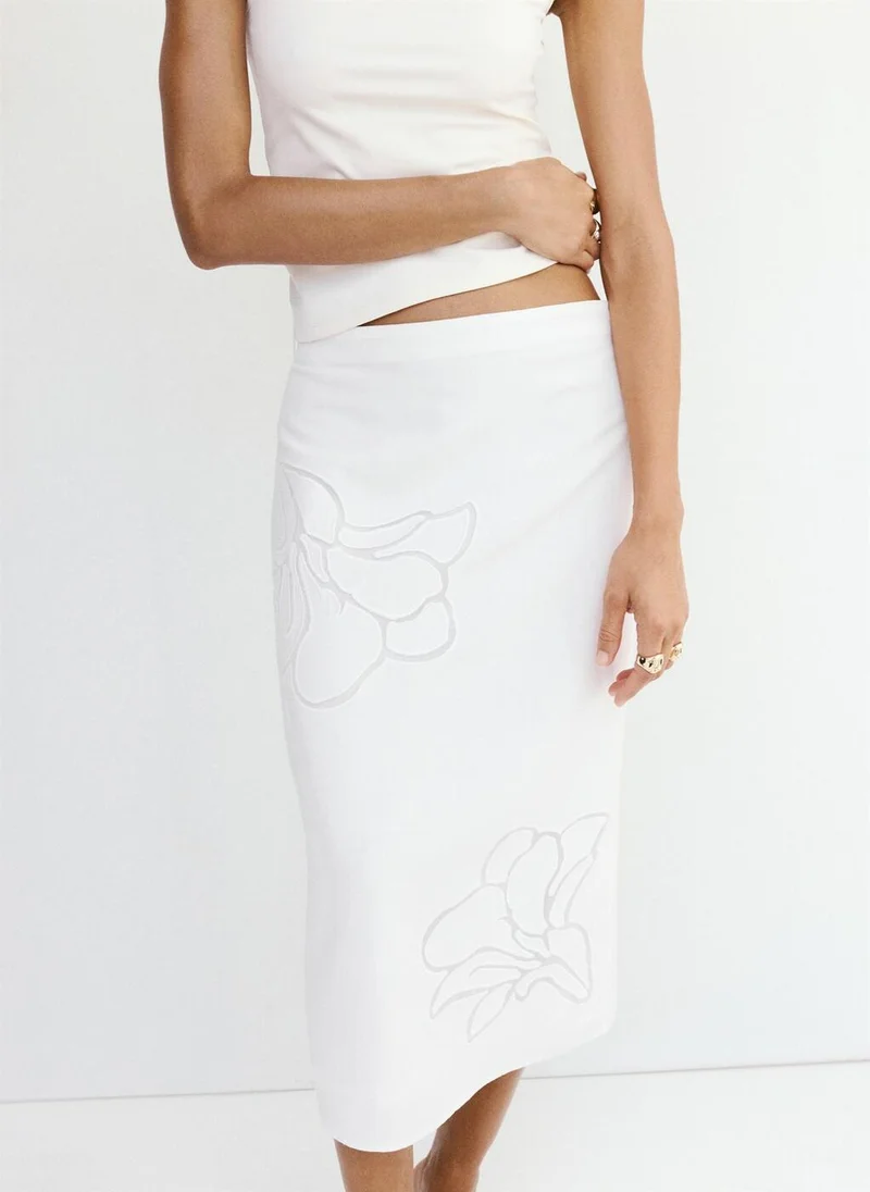 Mango Linen Skirt With Floral Embroidery