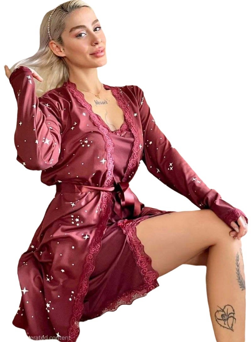 Women's 2-Piece Cotton Blend Robe & Nightgown Set with Lace Trim & Star Print – Wine Red (Up to 65 kg) - Image 4