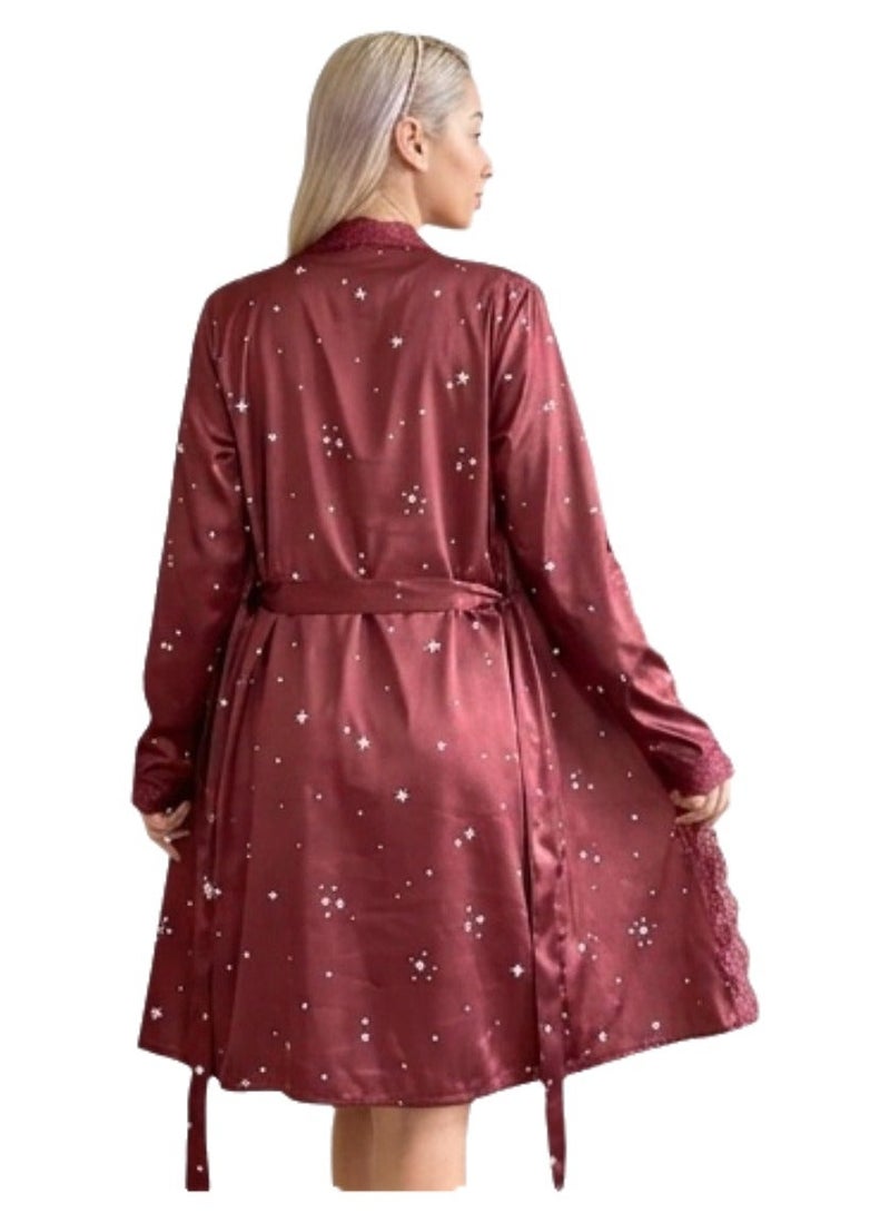 Women's 2-Piece Cotton Blend Robe & Nightgown Set with Lace Trim & Star Print – Wine Red (Up to 65 kg) - Image 3