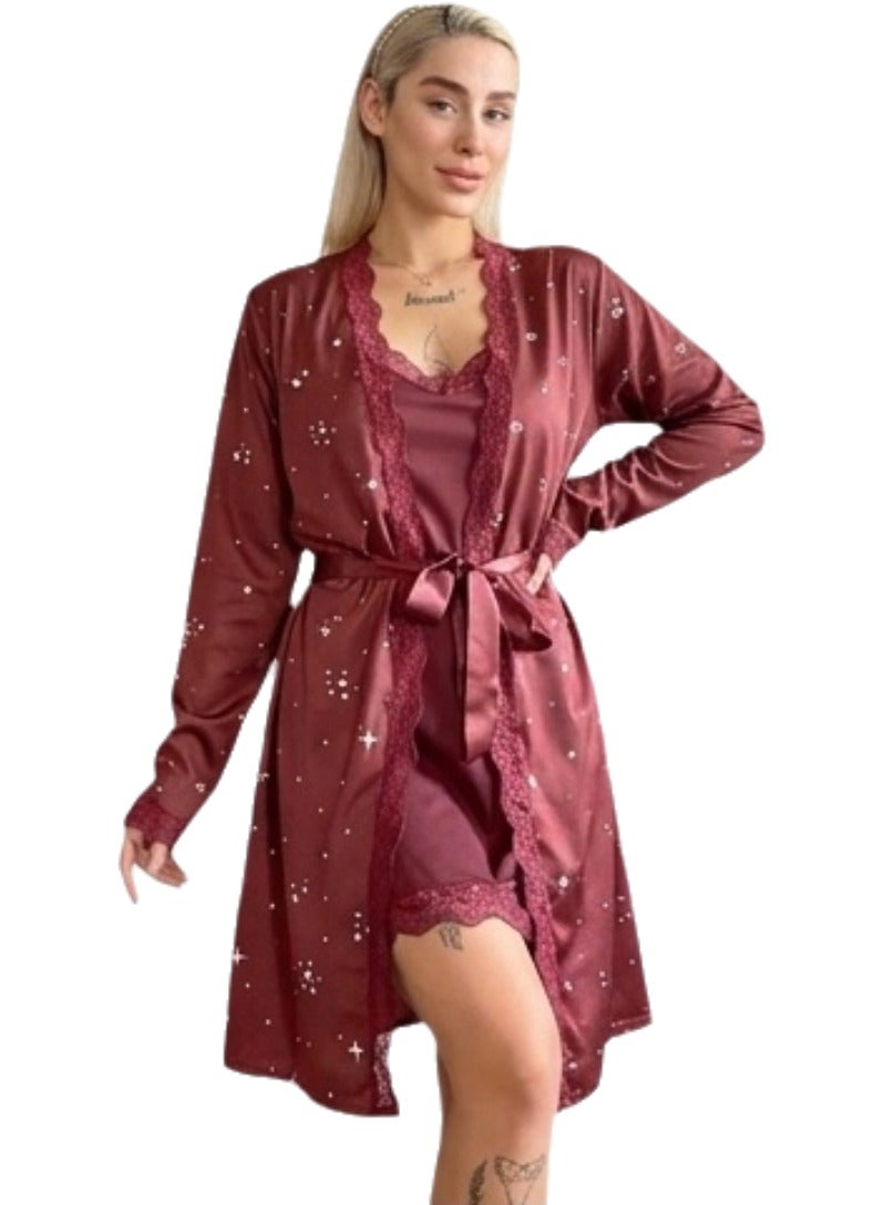 Women's 2-Piece Cotton Blend Robe & Nightgown Set with Lace Trim & Star Print – Wine Red (Up to 65 kg) - Image 1