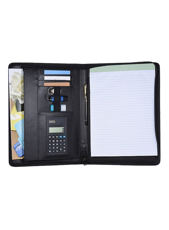 Generic Multifunctional Professional Business Portfolio Padfolio Folder Document Case Organizer A4 PU Leather Zippered Closure with Calculator Card Holder Memo Note Writing Pad  - Image 1