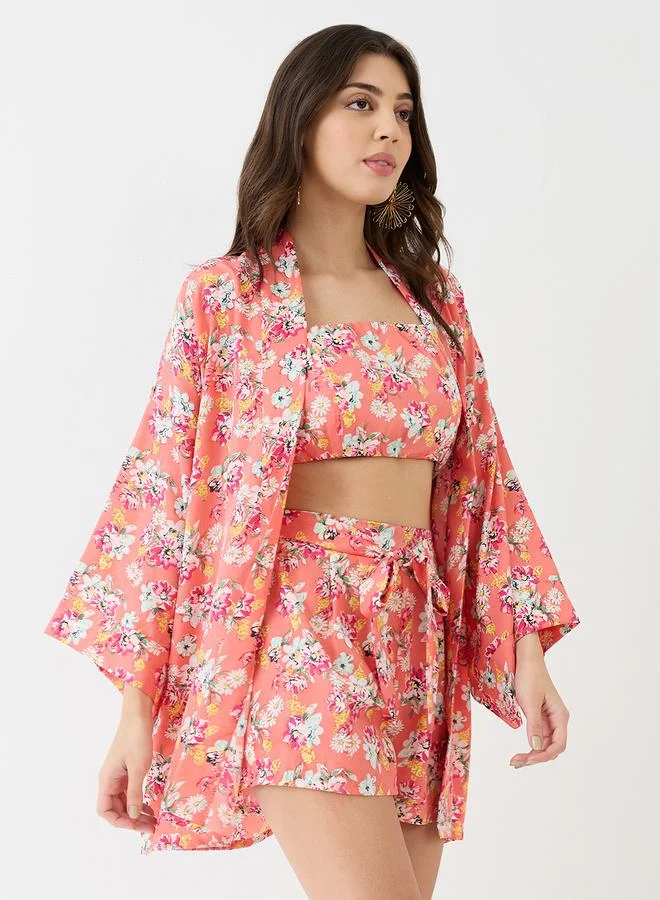 globus Globus Peach Floral Print Crop Top, Shorts and Shrug Co-Ords