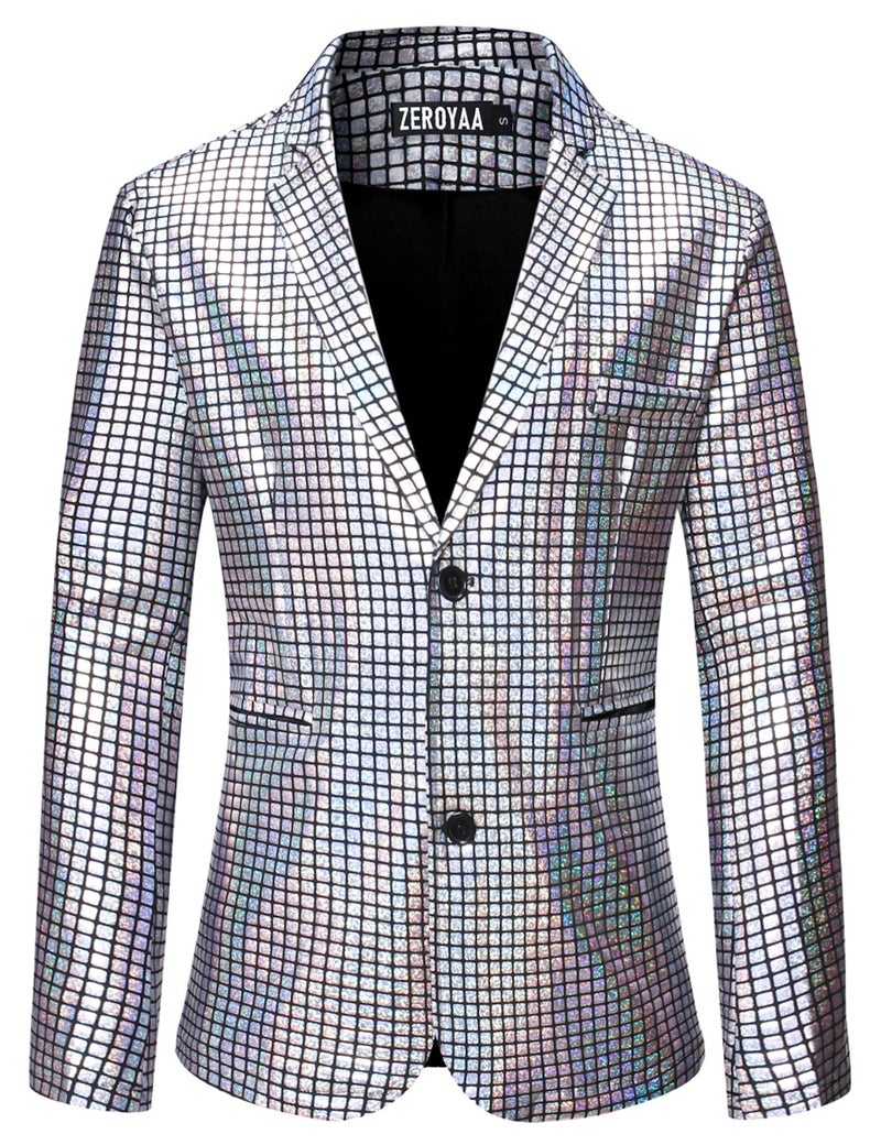 Zeroyaa Men'S 70S Disco Suits Metallic Shiny Sequin Outfits Blazer And Pants Set Dance Party Costume Silver Medium - Image 2
