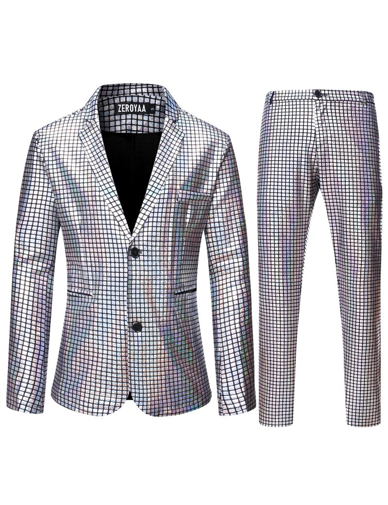 Zeroyaa Men'S 70S Disco Suits Metallic Shiny Sequin Outfits Blazer And Pants Set Dance Party Costume Silver Medium - Image 1
