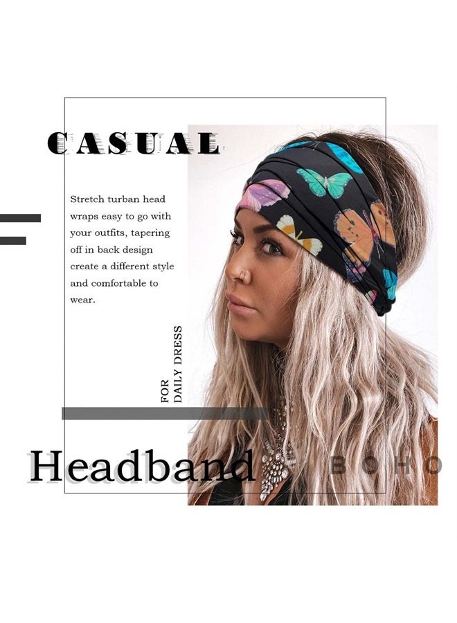 Aceorna Boho Butterfly Headbands Stretch Knotted Hairbands Floral Printed Hair Bands Elastic Turban Head Wraps Wide Head Bands for Women and Girls Pack of 4 (Butterfly A) - Image 2