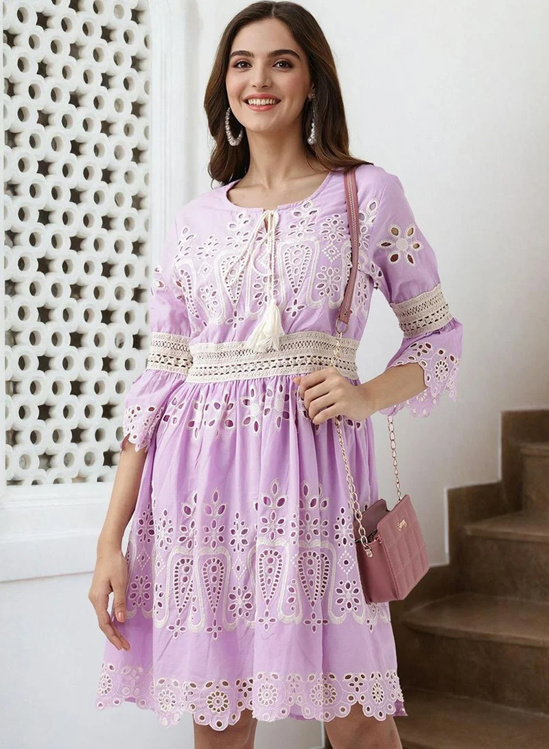ISHIN Regular Fit Three-Quarter Sleeve Printed Lilac Cotton Woven Dresses For Women Flat Collar Perfect For Wedding And Engagement Pull On Closure