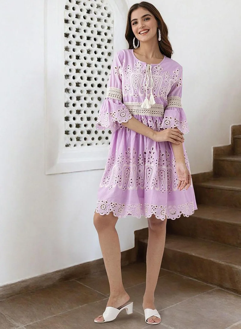 ISHIN Regular Fit Three-Quarter Sleeve Printed Lilac Cotton Woven Dresses For Women Flat Collar Perfect For Wedding And Engagement Pull On Closure