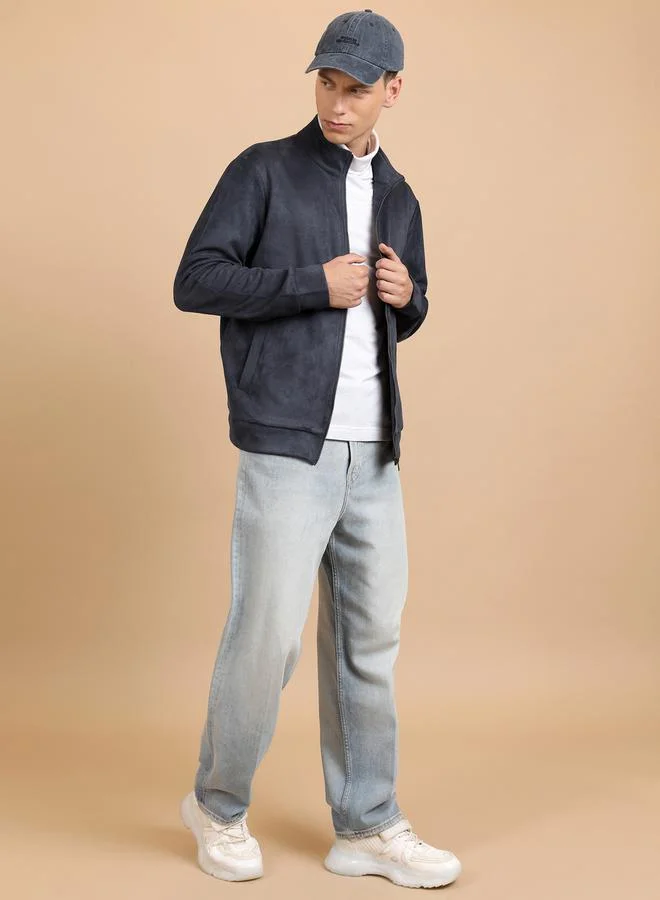 HIGHLANDER Suede Look Mock Collar Bomber Jacket by Styli