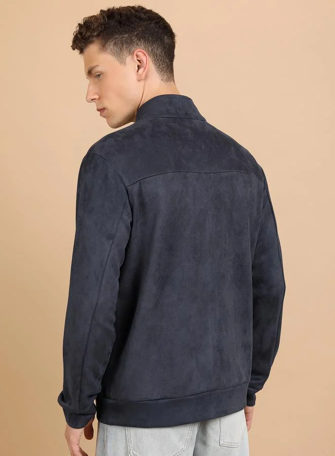 HIGHLANDER Suede Look Mock Collar Bomber Jacket by Styli