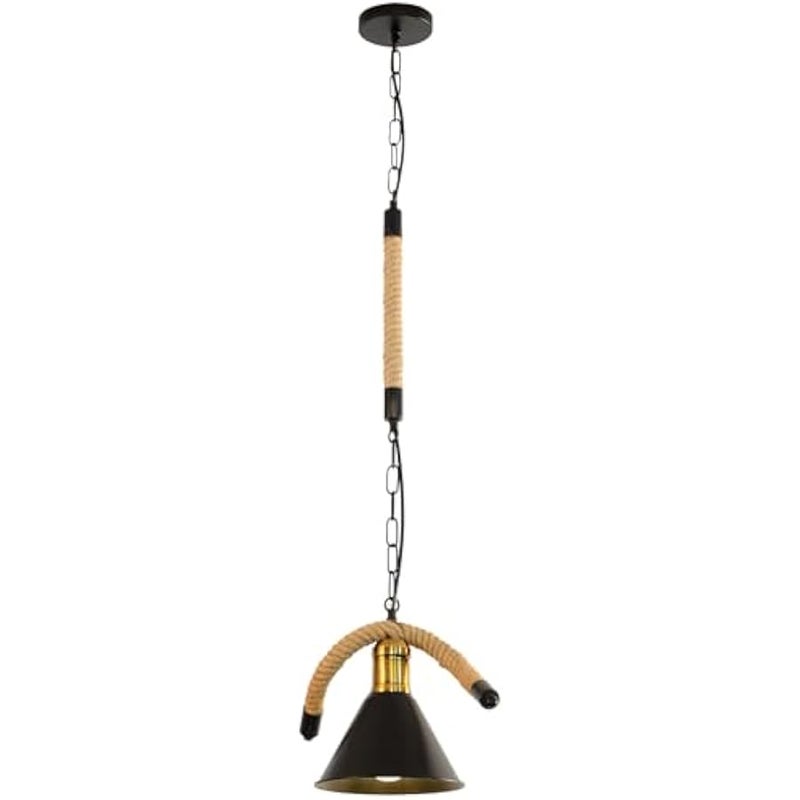 V.nice Rustic 1-Light Rope Pendant Light, Industrial Hanging Ceiling Fixture with Black Metal Cone Shades and E27 Bulb Sockets, Vintage Chandelier for Kitchen Island Dining Room Café Bar - Image 1