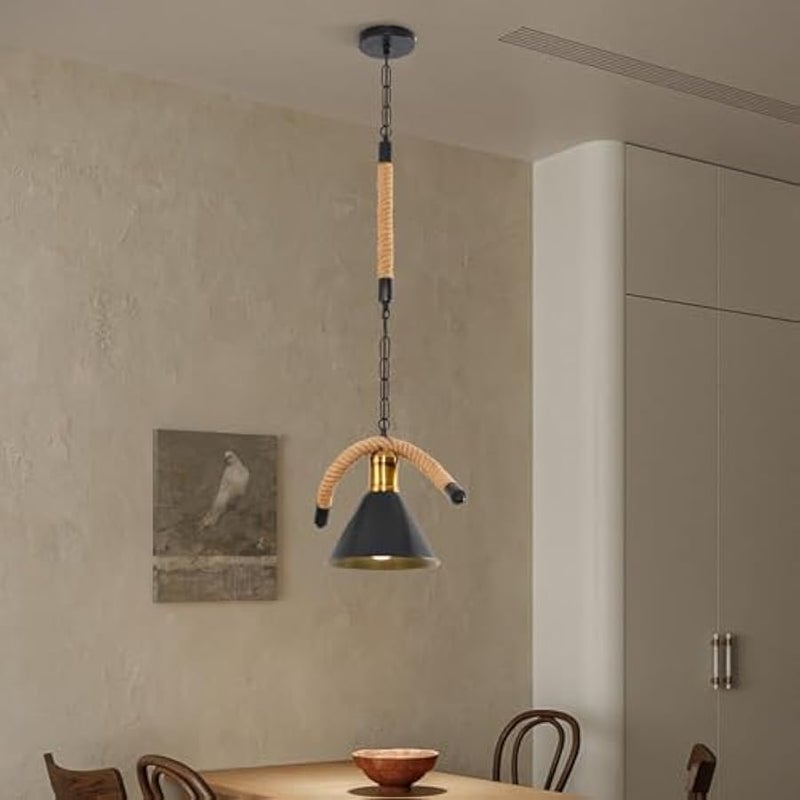 V.nice Rustic 1-Light Rope Pendant Light, Industrial Hanging Ceiling Fixture with Black Metal Cone Shades and E27 Bulb Sockets, Vintage Chandelier for Kitchen Island Dining Room Café Bar - Image 5