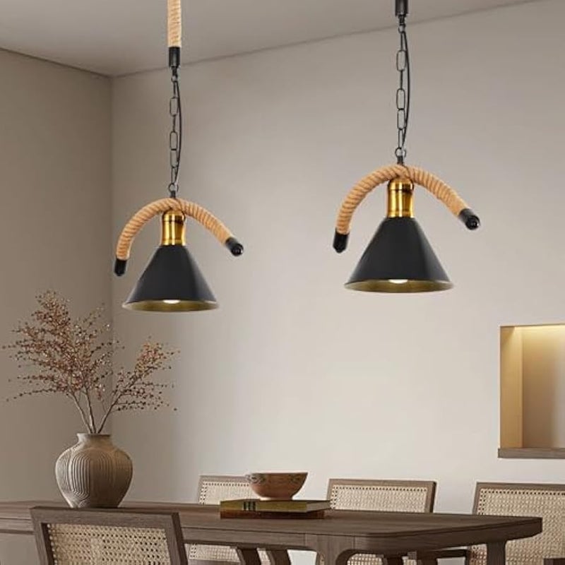 V.nice Rustic 1-Light Rope Pendant Light, Industrial Hanging Ceiling Fixture with Black Metal Cone Shades and E27 Bulb Sockets, Vintage Chandelier for Kitchen Island Dining Room Café Bar - Image 2