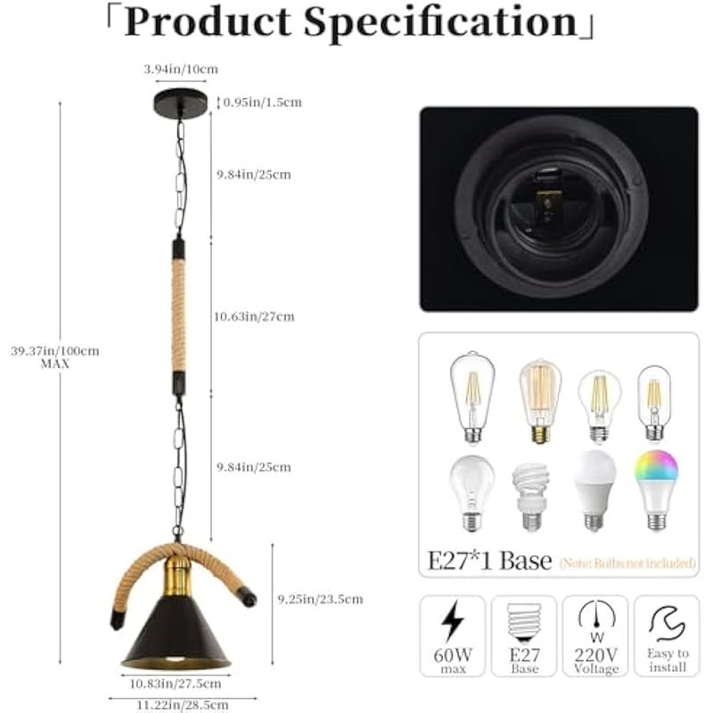 V.nice Rustic 1-Light Rope Pendant Light, Industrial Hanging Ceiling Fixture with Black Metal Cone Shades and E27 Bulb Sockets, Vintage Chandelier for Kitchen Island Dining Room Café Bar - Image 4
