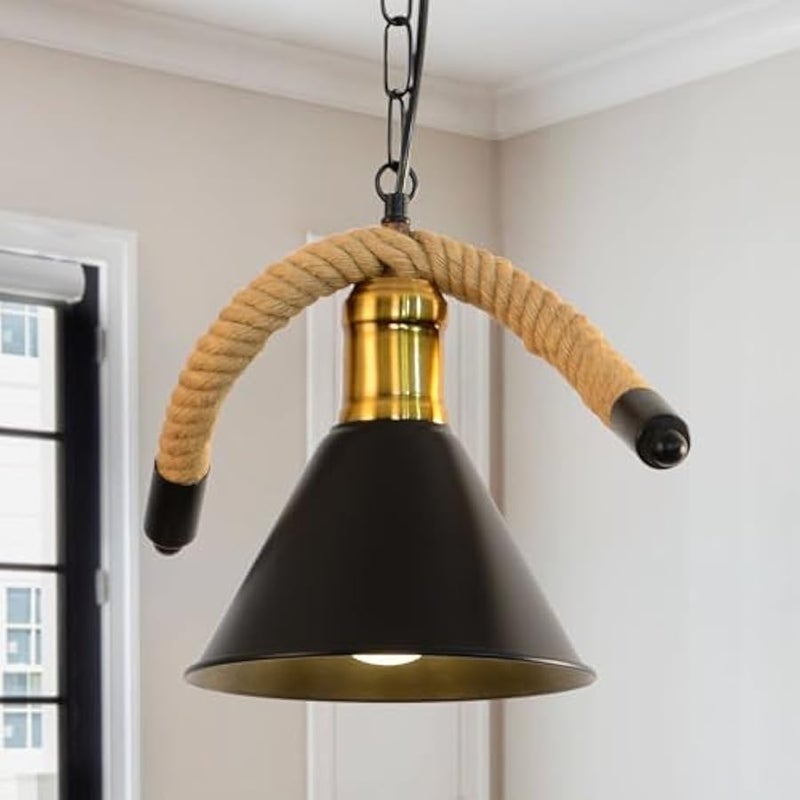 V.nice Rustic 1-Light Rope Pendant Light, Industrial Hanging Ceiling Fixture with Black Metal Cone Shades and E27 Bulb Sockets, Vintage Chandelier for Kitchen Island Dining Room Café Bar - Image 3