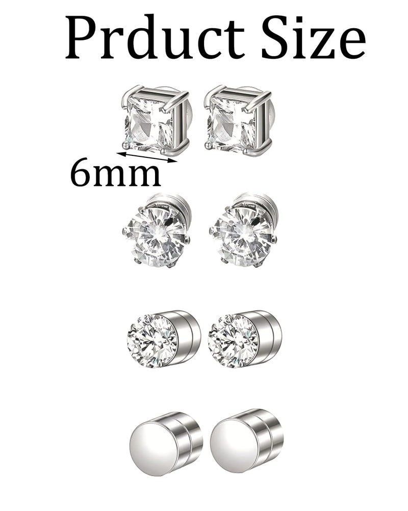 KalamkariX 4 Pairs Magnetic Earrings for Men, Non-Piercing Silver Stud Earrings Set, Round and Square CZ Design, Fashion Accessories for Work, Party, Travel - Image 2