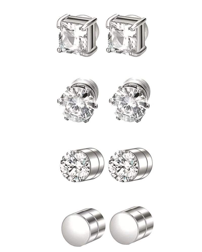 KalamkariX 4 Pairs Magnetic Earrings for Men, Non-Piercing Silver Stud Earrings Set, Round and Square CZ Design, Fashion Accessories for Work, Party, Travel - Image 1