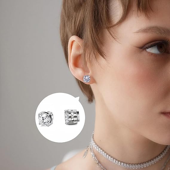 KalamkariX 4 Pairs Magnetic Earrings for Men, Non-Piercing Silver Stud Earrings Set, Round and Square CZ Design, Fashion Accessories for Work, Party, Travel - Image 3