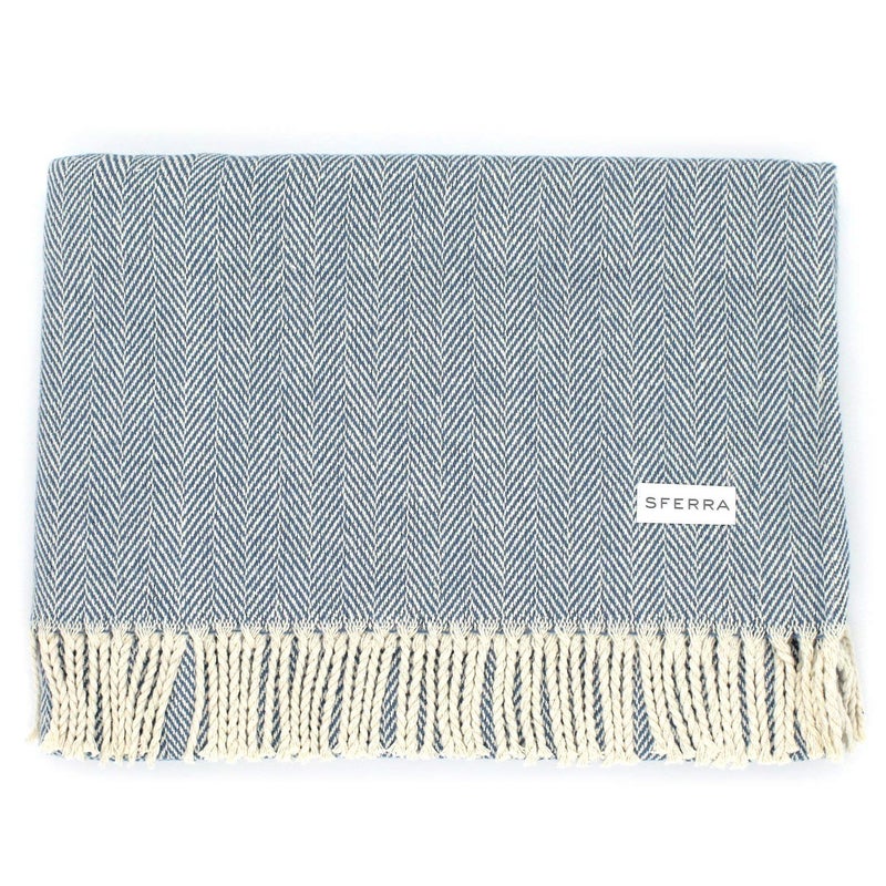 Sferra Celine Herringbone 100 Cotton Throw Blanket  Cadet