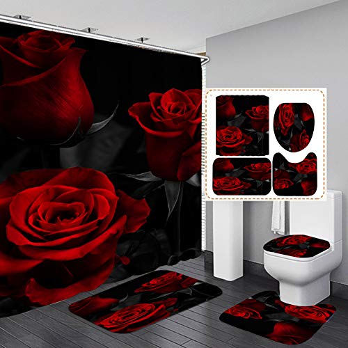 RinRinfam 4 Pcs Rose Shower Curtain Set, Flower Romantic Rose Curtain with Non-Slip Rug,Toilet Lid Cover,U Shape Mat,Waterproof Shower Curtains with 12 Hooks Bathroom Decor, Red Black 72"×72" - Image 1