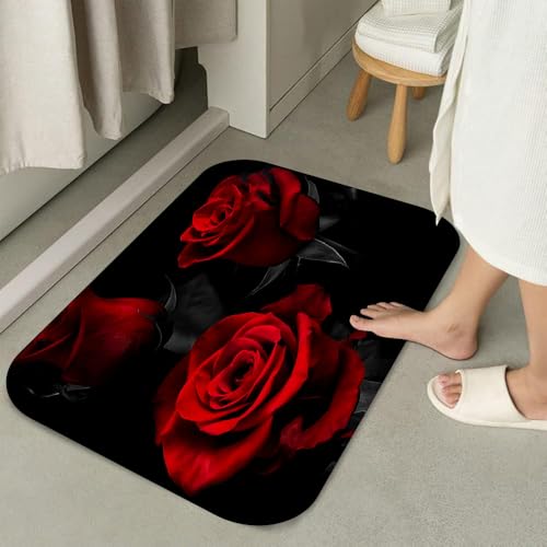 RinRinfam 4 Pcs Rose Shower Curtain Set, Flower Romantic Rose Curtain with Non-Slip Rug,Toilet Lid Cover,U Shape Mat,Waterproof Shower Curtains with 12 Hooks Bathroom Decor, Red Black 72"×72" - Image 4