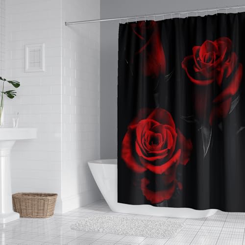 RinRinfam 4 Pcs Rose Shower Curtain Set, Flower Romantic Rose Curtain with Non-Slip Rug,Toilet Lid Cover,U Shape Mat,Waterproof Shower Curtains with 12 Hooks Bathroom Decor, Red Black 72"×72" - Image 2
