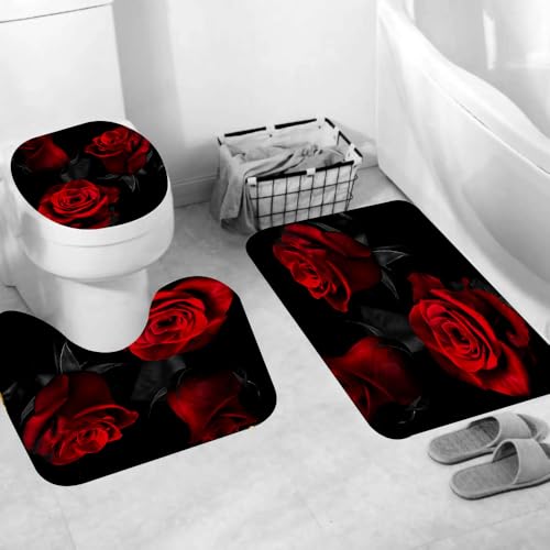 RinRinfam 4 Pcs Rose Shower Curtain Set, Flower Romantic Rose Curtain with Non-Slip Rug,Toilet Lid Cover,U Shape Mat,Waterproof Shower Curtains with 12 Hooks Bathroom Decor, Red Black 72"×72" - Image 3