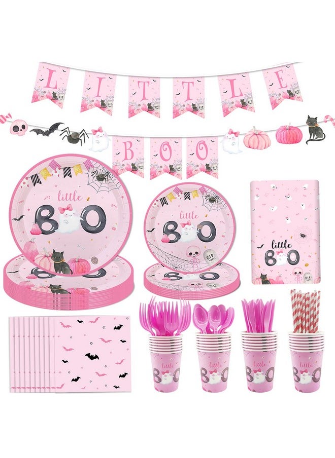 MEHOFOND Little Boo Baby Shower Decorations For Girl, Halloween Tableware Set 194Pcs, Halloween Plates And Napkins For Baby Shower, Little Boo Birthday Banner, Halloween Party Supplies , Serves 24  - Image 1