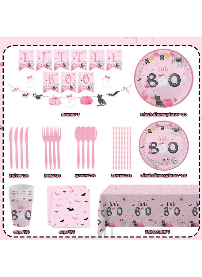 MEHOFOND Little Boo Baby Shower Decorations For Girl, Halloween Tableware Set 194Pcs, Halloween Plates And Napkins For Baby Shower, Little Boo Birthday Banner, Halloween Party Supplies , Serves 24  - Image 2