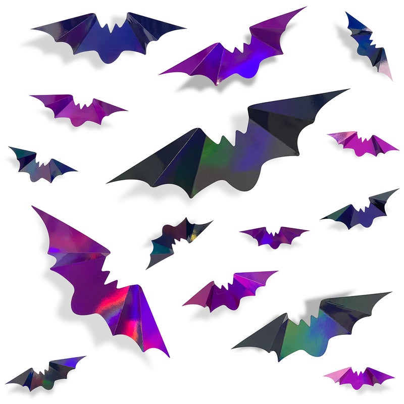 pinkblume 72Pcs Bats Halloween Decoration Iridescent 3D Bats Wall Decor Black Purple Holographic Paper Decorative Bat Wall Art Decals Stickers Spooky Bats for Halloween Home Room Decor Party Decoration Supplies - Image 1