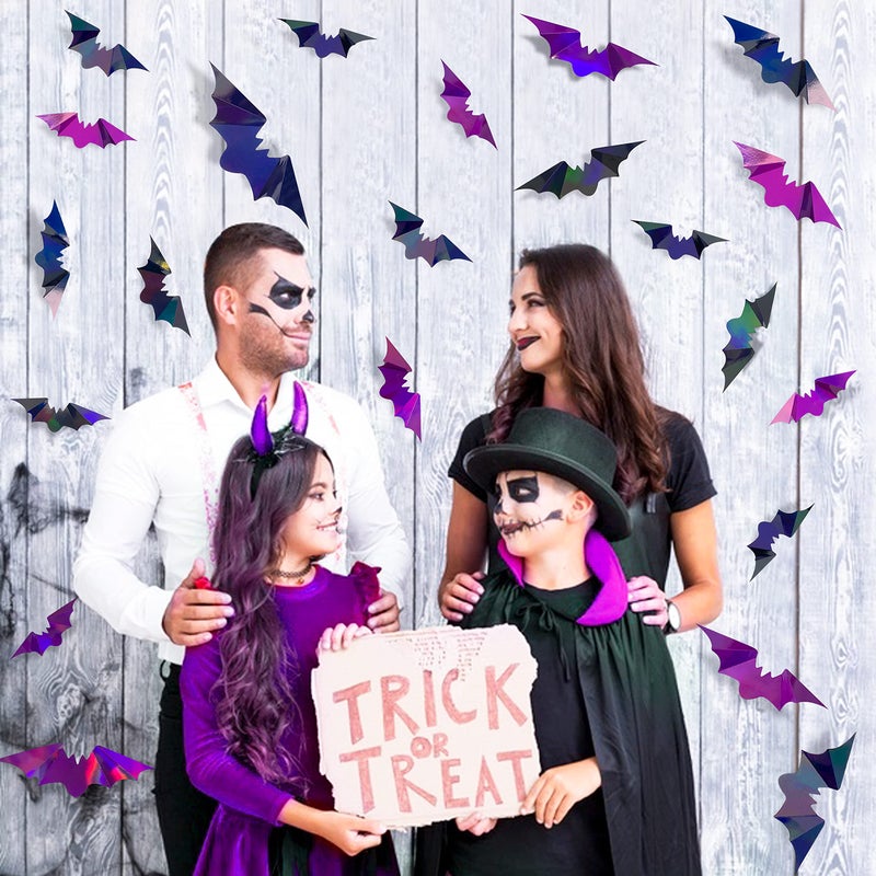 pinkblume 72Pcs Bats Halloween Decoration Iridescent 3D Bats Wall Decor Black Purple Holographic Paper Decorative Bat Wall Art Decals Stickers Spooky Bats for Halloween Home Room Decor Party Decoration Supplies - Image 5