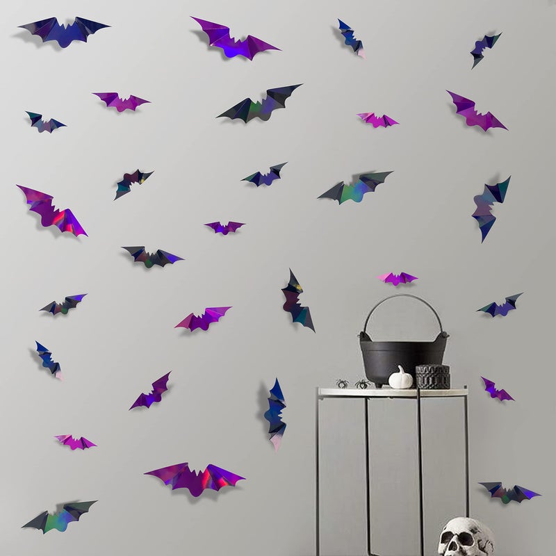 pinkblume 72Pcs Bats Halloween Decoration Iridescent 3D Bats Wall Decor Black Purple Holographic Paper Decorative Bat Wall Art Decals Stickers Spooky Bats for Halloween Home Room Decor Party Decoration Supplies - Image 3